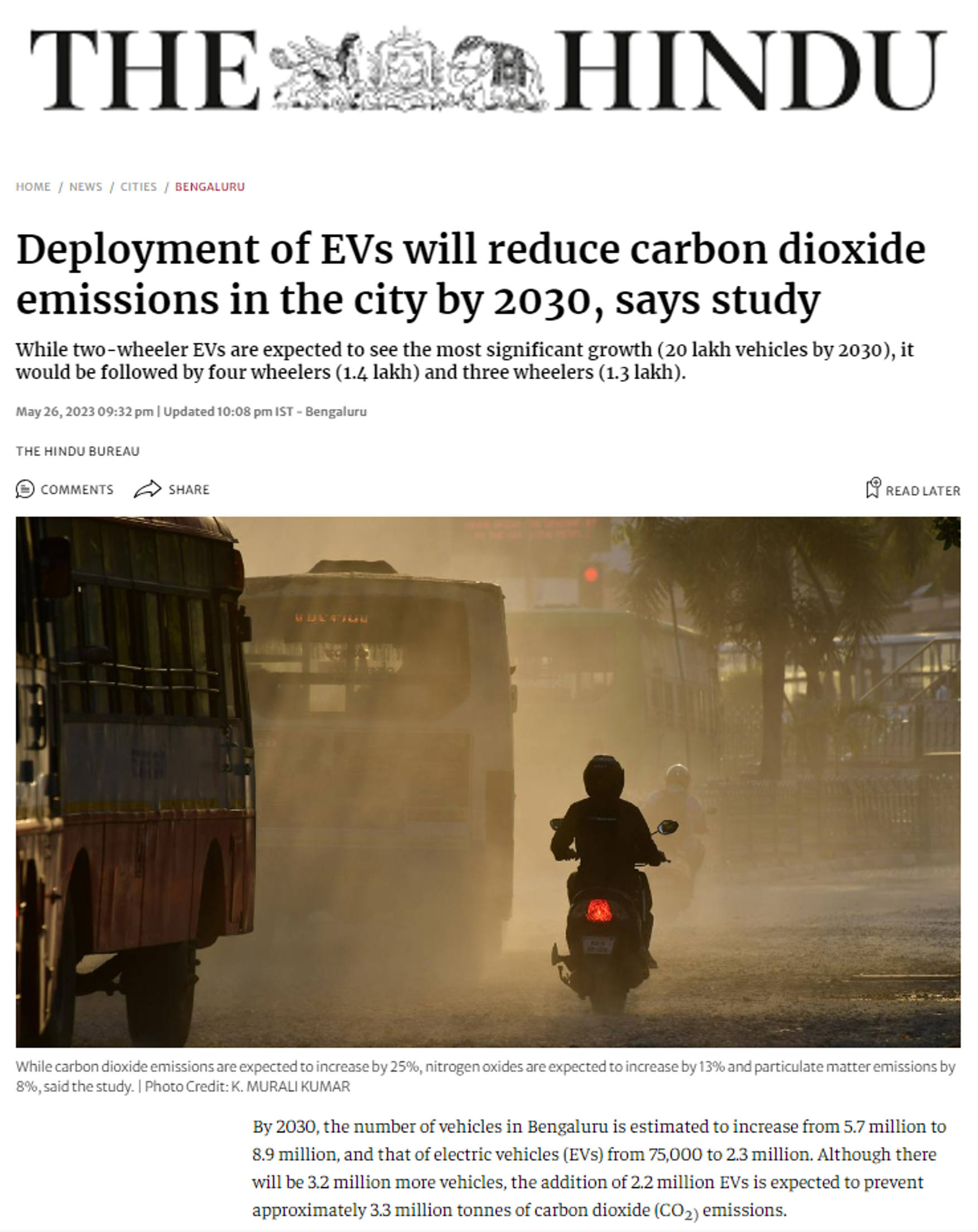 CSTEP’s study on the impact of electric vehicles on vehicular emissions covered by The Hindu